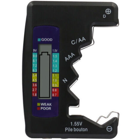 Batterie Testeur pour Piles et Rechargeable Piles, Affichage de Charge Statut, Adapté pour C, AA, AAA, D, N, 9V 6F22 1.5V - Noir