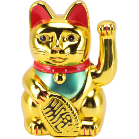 Batteriebetriebene Glückskatze, Willkommenskatze, Wohlstandskatze für Hotel oder Restaurant, glänzend goldfarben, 15 cm, 0256A
