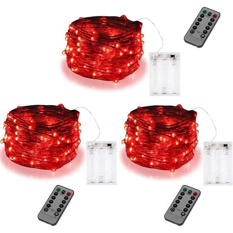 Batteriebetriebene Lichterketten mit Fernbedienung, 10 Fuß, 30 LEDs, für Gartenhöfe, rot, 3 Packungen