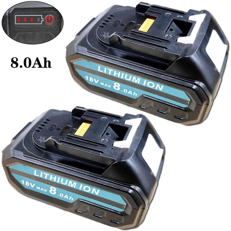 Batteries, 2 batteries au lithium 18 V 8,0 Ah avec indicateur LED, compatibles avec l'outil électrique sans fil Makita 18 V et le chargeur, batterie