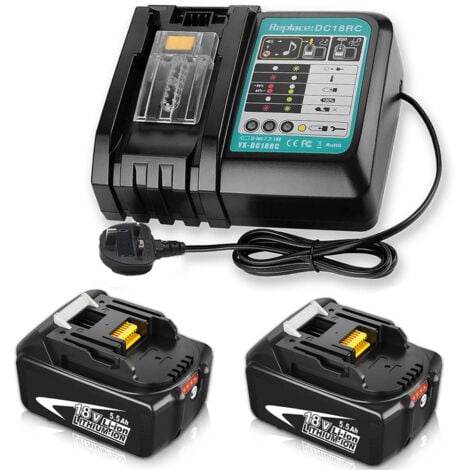 Battery chargers,2x Batteries 5,5Ah Li-Ion +1x Fast Charger DC18RC 14.4V-18V with Safety Protection ,LED indicator light and Music Reminder，Compatible with Makita Battery BL1815 BL1830 BL1840 BL1850
