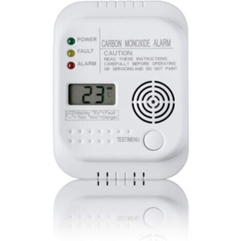 Battery-powered carbon monoxide detector, gas detector with display and temperature indicator.