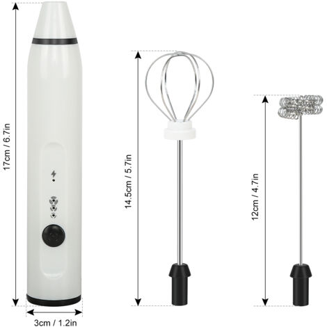 Batteur à main électrique rechargeable USB avec 2 fouets en acier inoxydable 3 vitesses pour Cappuccino Latte Chocolat Milkshake blanc