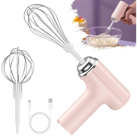Batteur Électrique Sans Fil USB 3 Vitesses - Fouet à Main avec 2 Têtes en Acier Inoxydable Amovibles pour Cuisine, Pâtisserie, Œufs - Rose