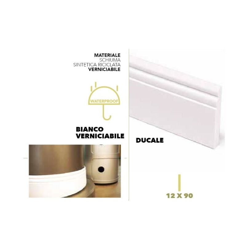 Battiscopa pro flessibile flex ducale bianco verniciabile mm12x90x4800 in rotolo