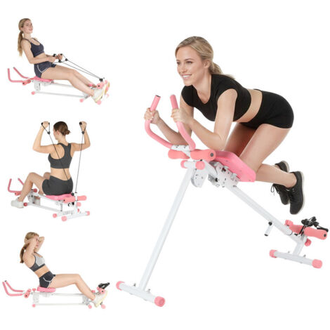 Bauch- & Core-Trainer mit Ruderfunktion, 3 Neigungsstufen und 7-fach verstellbarem Basisrahmen, Stabiler Stahlrahmen mit Komfortpolster, Ergonomische Griffe und 2-fach Kopfstützenverstellung – Rosa