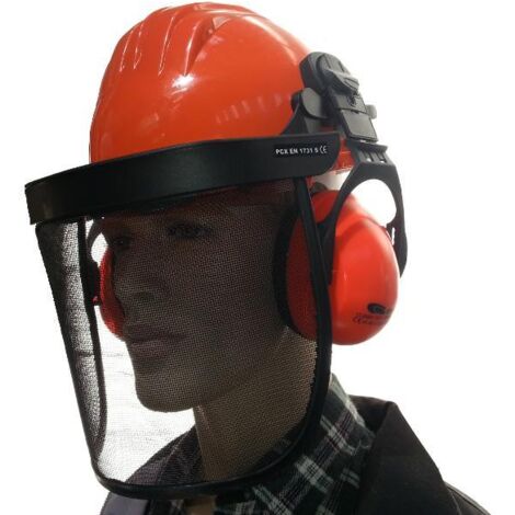 Bauhelm mit Gesichts- und Gehörschutznetz orange