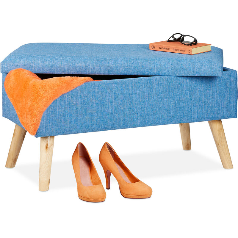 

Baúl Almacenamiento, Banco Acolchado, Patas Madera, Asiento Almacenaje, Funda de Tela, 39 x 77 x 39 cm, Azul