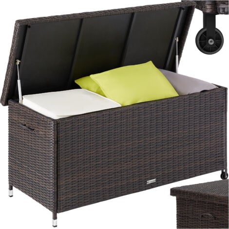 Baúl de almacenamiento Kiruna con trenzado de ratán sintético, 120x55x61,5 cm, 270l - Baúl de almacenaje, baúl portátil tapizado, cofre acolchado para jardín
