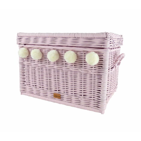 Baúl de juguetes de mimbre rosa 60 con pompones