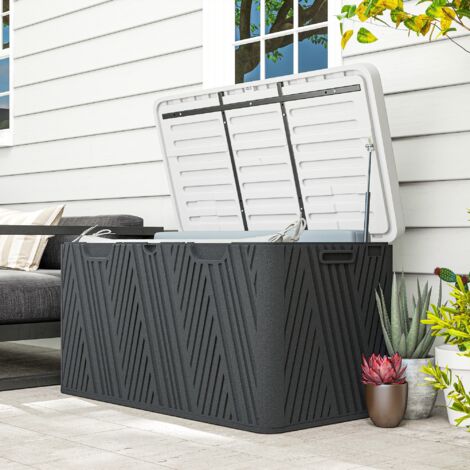 Baule da Esterno da 380L in HDPE con Coperchio a Leva e 2 Maniglie Laterali, Cassapanca Contenitore da Esterno Impermeabile, Protezione UV, 115x60x60 cm, Nero e Grigio