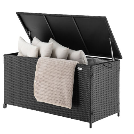 Baule Portaoggetti da Giardino Cassapanca Polyrattan Impermeabile 2 Ruote Nero
