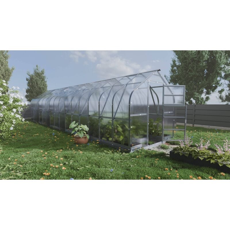 Meistro Kodas - Certifié Serre klasika Standard 25m2, 2,5m x 10m, 4 mm avec revêtement en polycarbonate (Avec 5 toits ouvrants automatiques)