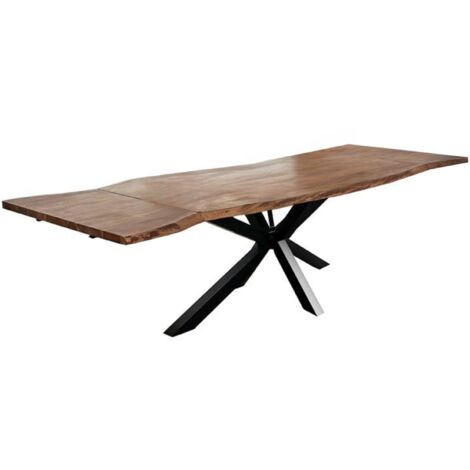Baumkantentisch Akazie nougatfarben 160 (260) x 90 cm Ansteckplatten Spider-Gestell schwarz JANOSH