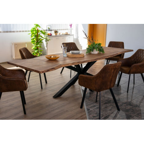 Baumkantentisch Akazie nougatfarben 200 (300) x 100 cm Ansteckplatten Spider-Gestell schwarz JANOSH