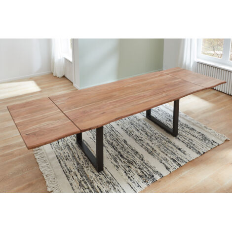 Baumkantentisch Akazie stonefarben 160 (260) x 90 cm Ansteckplatten schwarz NORINA
