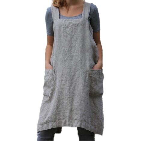 Baumwoll-Leinen-Schürze Cross Back Schürze für Damen mit Taschen Latzkleid zum Backen Kochen Grau XL