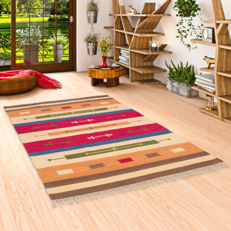 Nachhaltiger Kelim Teppich beige schwarz, Streifen, Wohnzimmer 80x150 Lina