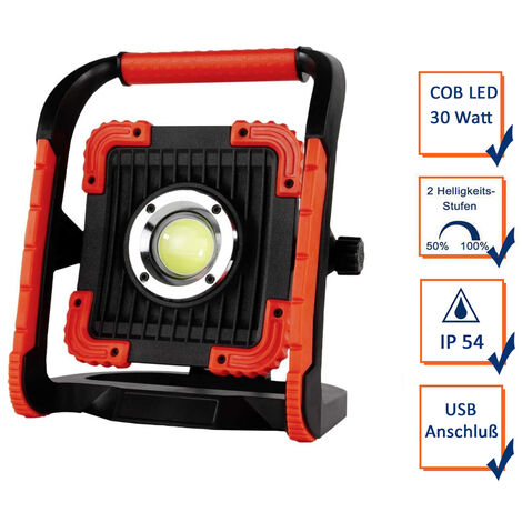 Baustrahler 30 Watt COB LED, mit USB Anschluß, AKKU inkl. Netzteil, IP54