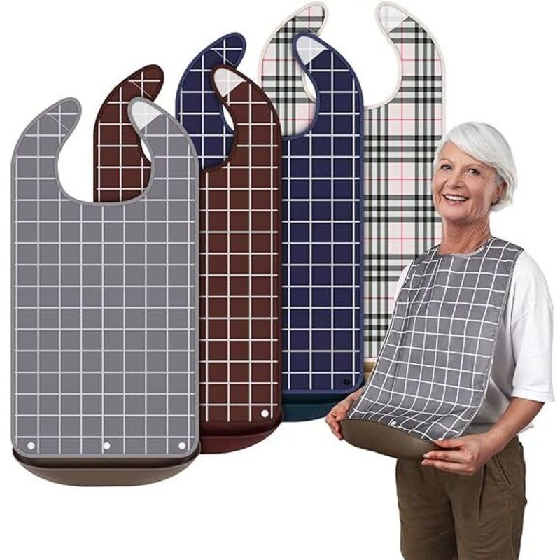 Bavettes pour adultes, lot de 4 bavettes pour personnes âgées, protège-vêtements réutilisables avec récupérateur de miettes pour les repas, bavettes