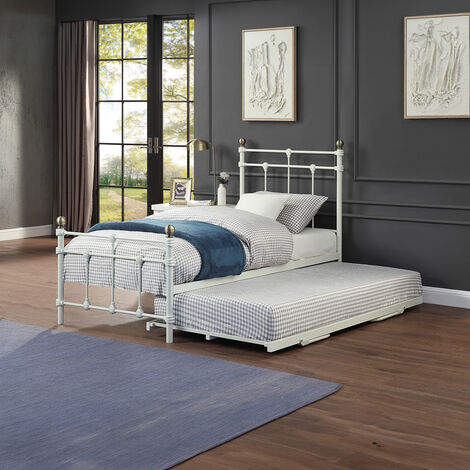 BAYFORD TRADITIONAL SINGLE METAL BED FRAME & GUEST TRUNDLE WHITE