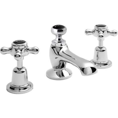 Bayswater Crosshead Dome 3-Hole Basin Mixer Tap with Waste - Black/Chrome