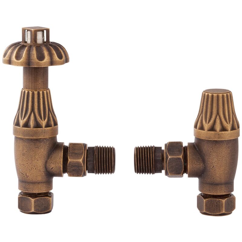 Bayswater Fluted Angled Thermostatic Radiator Valves Pair and Lockshield Antique Brass