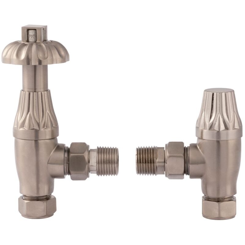 Fluted Angled Thermostatic Radiator Valve + Lockshield Satin Nickel - Bayswater