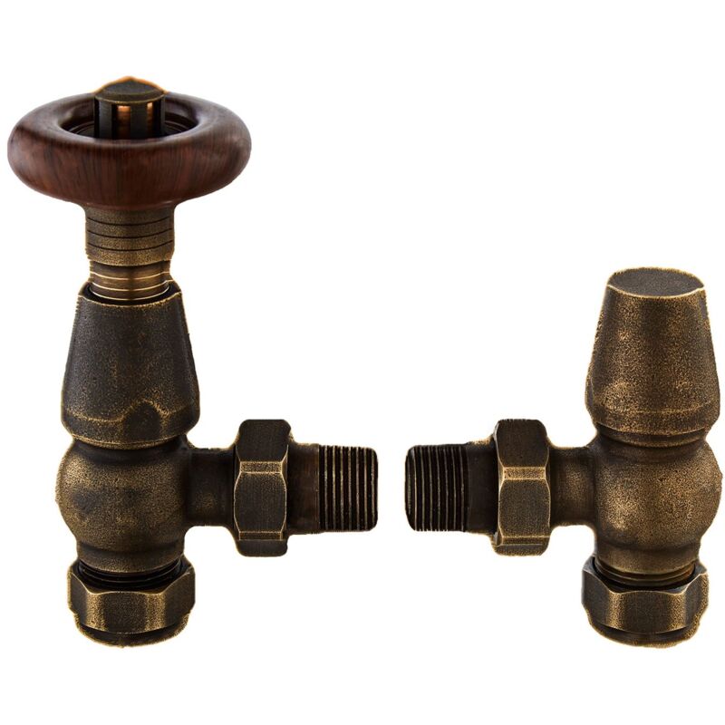 Bayswater Rounded Angled Thermostatic Radiator Valves Pair and Lockshield Antique Brass
