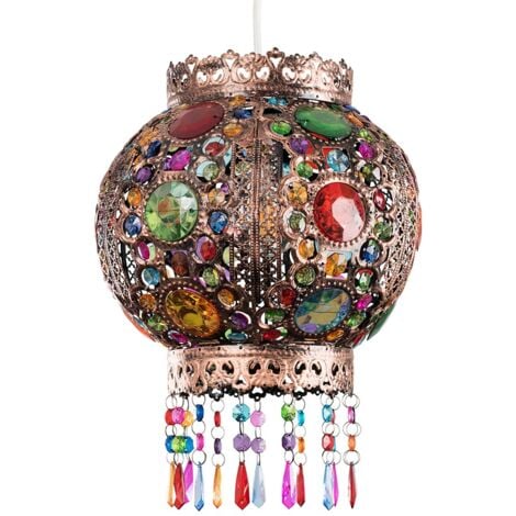 Bazaar Traditional Moroccan Bronze Chandelier Ceiling Light Pendant Shade with Acrylic Jewel Droplets
