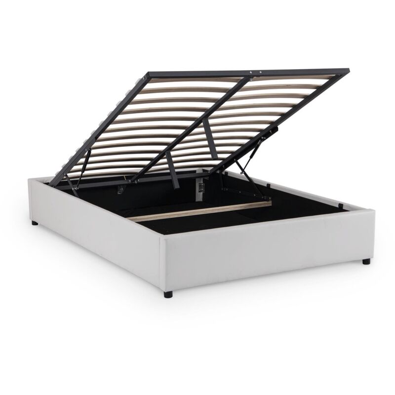 Bazil - Lit sommier relevable avec coffre en simili cuir blanc 160x200