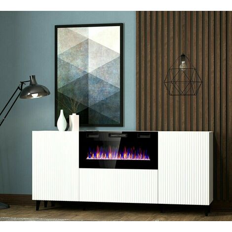 Bb-Loisir – Commode enfant blanche avec cheminée électrique – Dimensions 181x83x40cm – Panneau stratifié 16mm – Flamme LED avec télécommande