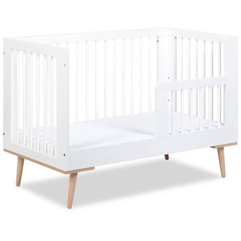 Bb-Loisir – Lit évolutif bébé 120x60cm blanc – Barrière de protection incluse – 3 niveaux de fond – Bois de pin et hêtre – Design scandinave moderne