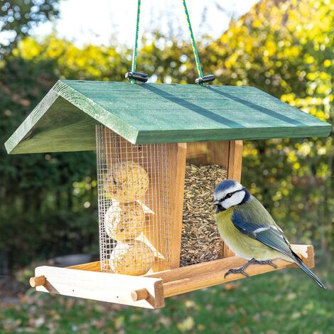 Bb-Loisir – Mangeoire à oiseaux suspendue en bois massif – Dimensions 33x22x26 cm – Peinture résistante aux intempéries – Sangle de suspension incluse
