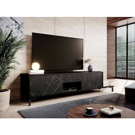 Bb-Loisir – Meuble TV 195x48x40 cm effet marbre noir – Corpus stratifié mat – Système d'ouverture push-click – Charge max 35 kg – Pieds en plastique noir