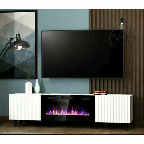 Bb-Loisir – Meuble TV blanc 181 cm avec cheminée électrique LED – Fonction chauffage – Verre trempé – Charge max 35 kg – Collection PALACE