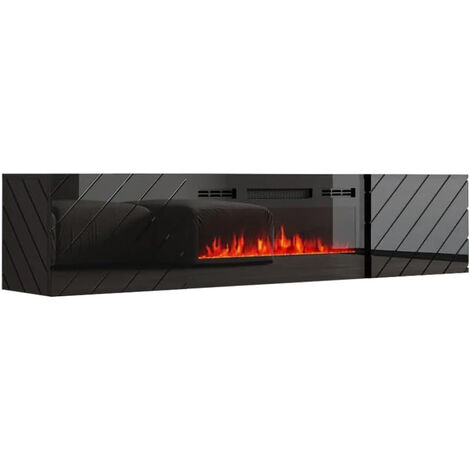 Bb-Loisir – Meuble TV mural 183x38x35 cm noir brillant/mat – Cheminée intégrée – Panneaux MDF laminés – Design épuré pour salon moderne