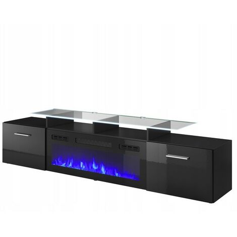 Bb-Loisir – Meuble TV noir brillant 190x49x37cm avec cheminée électrique intégrée – Flamme LED réglable – Télécommande incluse – Pour salon ou chambre