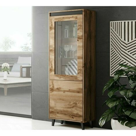 Bb-Loisir – Vitrine NORDIS 183 cm en chêne wotan avec étagères – Verre trempé 6 mm – Système Push-to-Click – Pieds anthracite