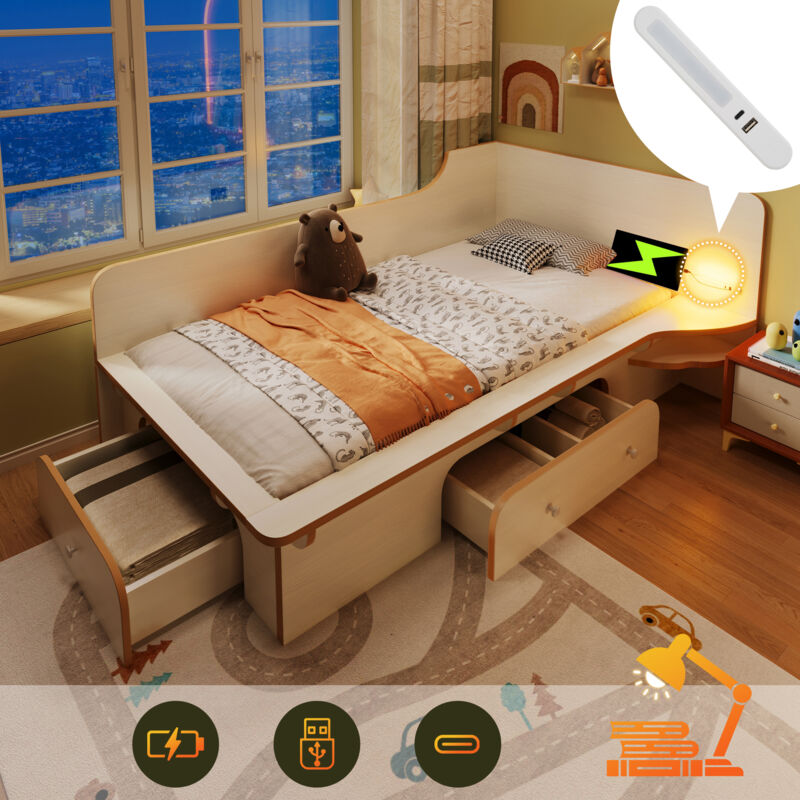 Fuienko - Lit enfant 90 x 200 cm, lit en bois avec liseuse, usb, Type c et 3 tiroirs, cadre de lit pour adultes, enfants et adolescents, design