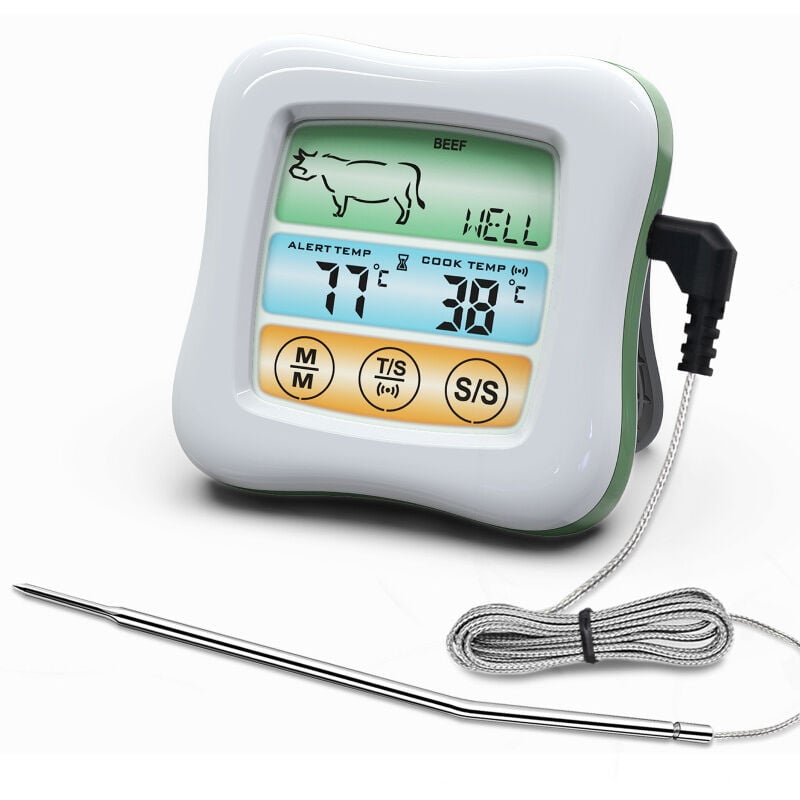 LIFCAUSAL Thermomètre Digital pour Viandes Sonde Étanche 6,6 cm avec Écran Tactile LCD Rétroéclairé Couleur, Minuterie Décompte/Compte à Rebours,