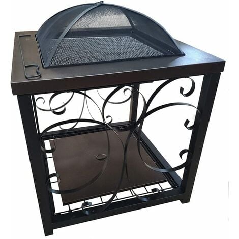 main image of "BBQ Fire Pit, Large Steel Square Black with Bronze Effect Table Fire Pit / BBQ Black Outdoor Garden Log Burner Wood Burner Patio Heater Brazier with Poker"