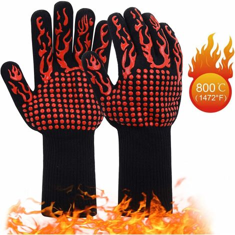BBQ Gloves 800 ℃ / 1472 ℉ | Extreme Heat Resistant Grilling Gloves | Non-Slip Oven Gloves with Fingers | Outdoor Cooking Mitts for Barbecue, Grill, Cooking, Baking 1 pair