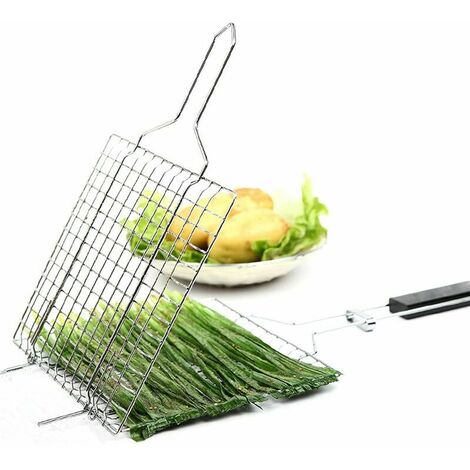 BBQ Grill Basket, Camping Travel Stainless Steel Barbecue Cooking Grill Grilling Basket with Wooden Handle for Sausage Fish Vegetables, 23 x 22 cm