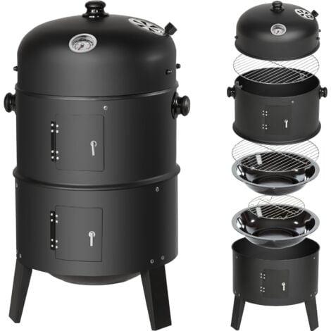 Charcoal Grill Cast Iron BBQ Cooking Smoker Standing Smoker Heat Control Black