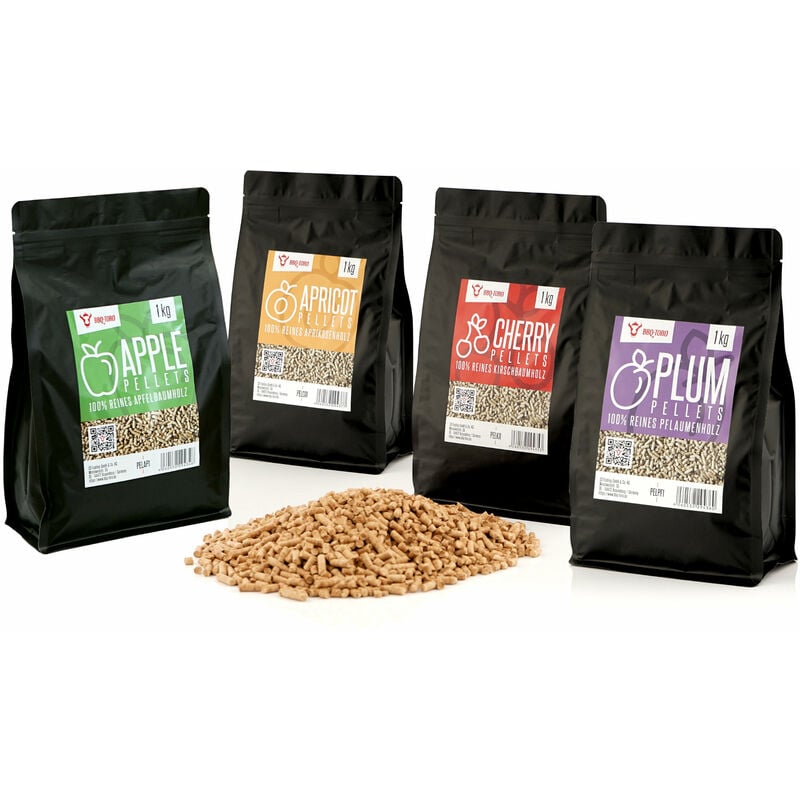 Bbq-toro - Set de pellets 100% bois de fruitier, 4 sortes à 1 kg, pellets de fumage pour gril, pellets pour barbecue