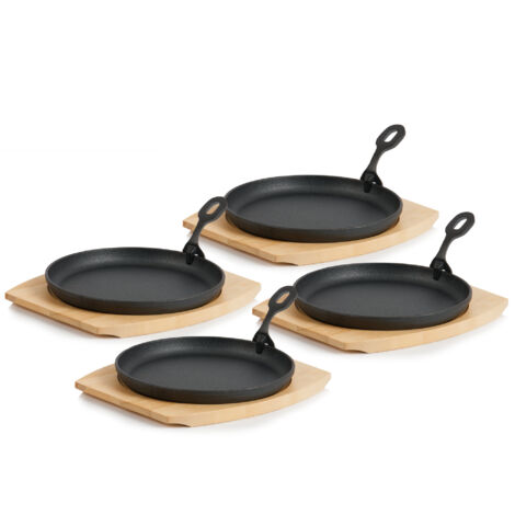 BBQ-Toro Juego de 4 sartenes de hierro fundido con tabla de madera  Ø 22 cm - redondas  negro