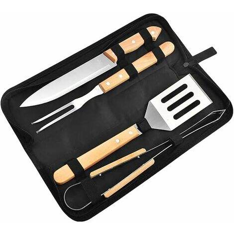 BBQ-Utensilien, Edelstahl-Grillwerkzeug-Set, Grillzubehör, BBQ-Werkzeug-Set mit Holzgriff und Tragetasche, Geschenk für Männer, 4-tlg