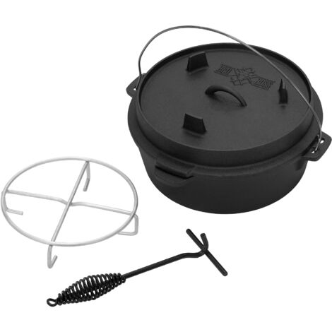 BBQ#BOSS BBQBOSS Dutch Oven Set BBQ 7,3 Liter, Eingebrannter Feuertopf aus Gusseisen, Kochtopf mit Deckelheber und Edelstahluntersetzer, Schmortopf mit Schlitz für Themormeter, Grilltopf für Outdoor & Indoor