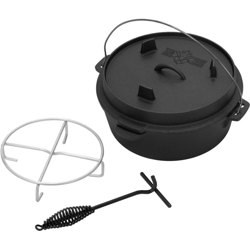 Bbq#boss - bbqboss Set Four Néerlandais, 7,3 Litres, Casserole en Fonte avec Couvercle Lève-Couvercle Dessous de Plat, Cocotte Marmite Four